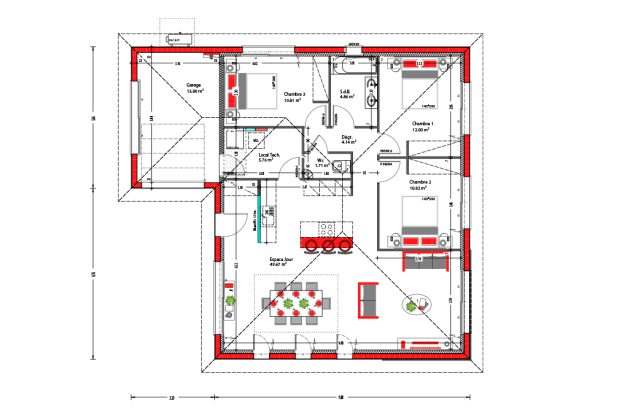 3 chambres + garage - 100 m²