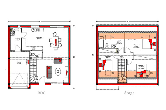 3 chambres + garage - 90 m²