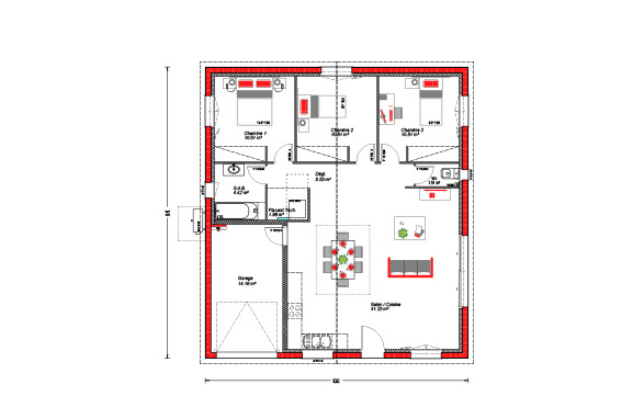 3 chambres + garage - 100 m²